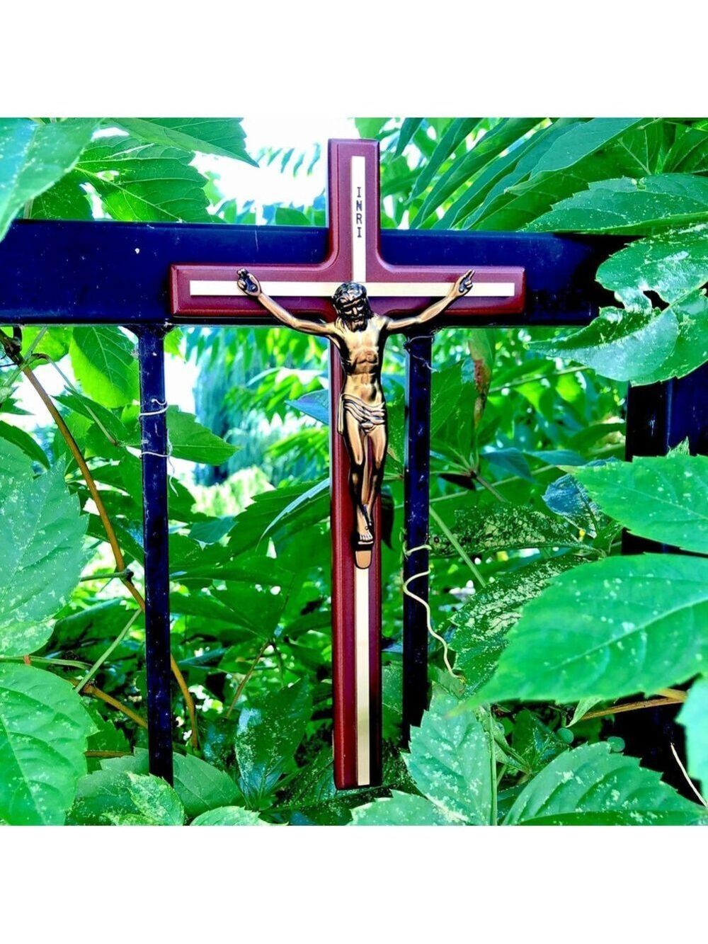 Crucifix Jesus Wall Cross W/ Magnets INRI Inscribed Metal With Wood Inlay X
